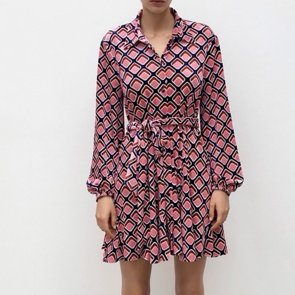 Zara Velvet Shirt Dress Geometric Print Pink Navy Swing Style Mini Size Small